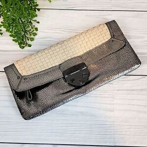 Elliot Lucca faux snakeskin clutch silver metallic and cream
